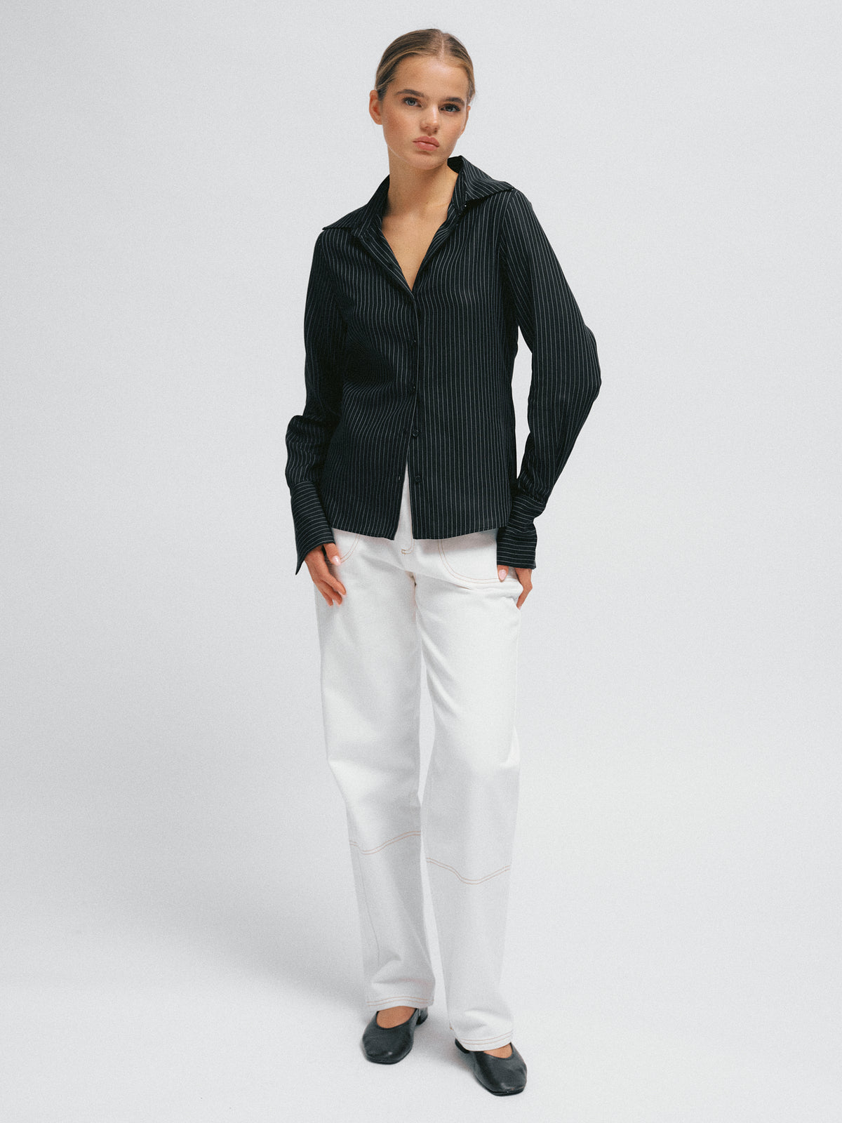 Lauren Fitted Shirt Black w. White Stripes